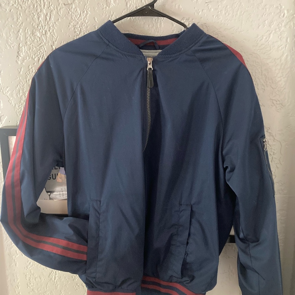 No Boundaries Dark Blue Bomber Jacket with Red Accents